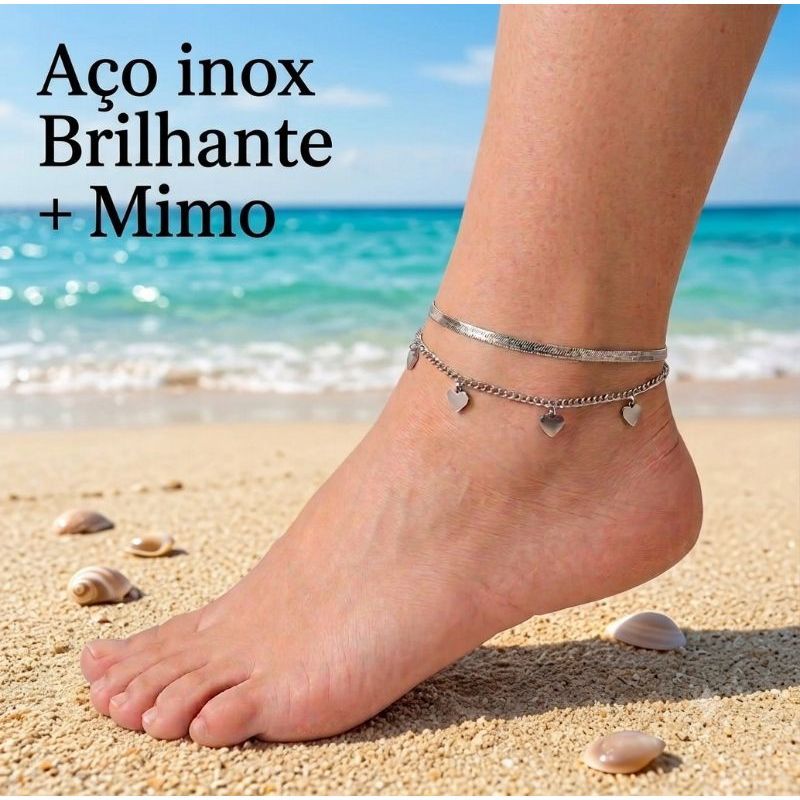 Tornozeleira Coração Prateada Toda em Aço Inox Antialérgica Linda + MIMO (FRETE GRÁTIS)(Coração Cheio)