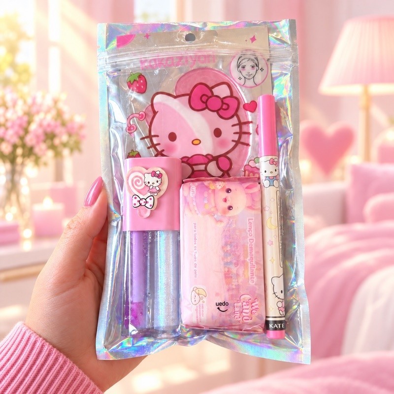 Kit Maquiagem Teen Candy 5 Itens Gloss Delineador Lenço Demaquilante Hidratante Olheira Presente Menina