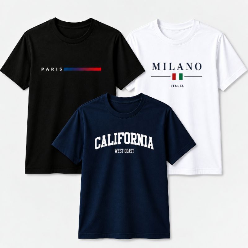 Kit 3 Camisetas Masculinas Estampadas 100% Algodão Slim Paris Milano California Moda Casual