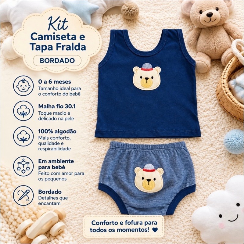 Kit Camiseta Infantil e Tapa Fralda Menino e Menina com Bordado De Aplique Malha Suedine Tamanho P 100% Algodão.