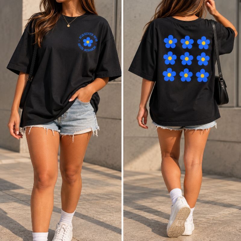 Camiseta Oversized Feminina Estampada Floral Frente e Costas Blusa Soltinha Casual Dia a Dia