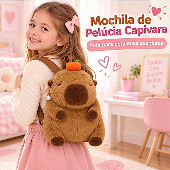 Mochila Infantil de Pelúcia Capivara Fofa Bolsa Escolar Criativa para Meninas Passeio Viagem e Dia a Dia