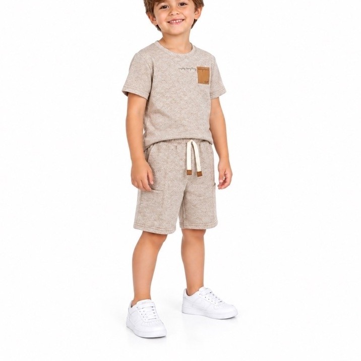 Conjunto Infantil Menino Coloritta Moletinho Tamanho 6 Camiseta e Bermuda Bege