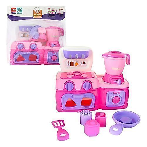 Mini Cozinha Rosa Fogão Forno Liquidificador 6 Acessórios JP Brink