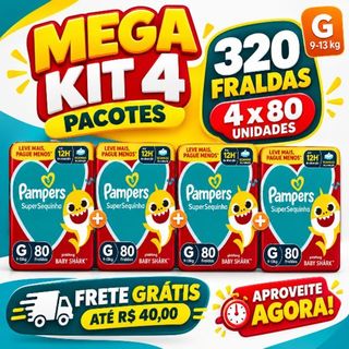 FRALDA PAMPERS SUPERSEQUINHA - MEGA KIT 4 PACOTES - TAMANHO G - TOTAL DE  320 UNIDADES - BABY SHARK