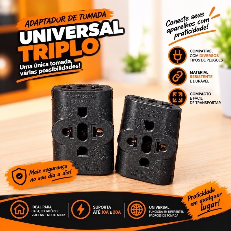 Benjamin Adaptador de Tomada T Universal Triplo 10A e 20A Preto 3 Saídas Preto