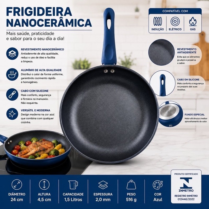 Frigideira cerâmica  revestimento Nanocerâmico 24cm - Azul