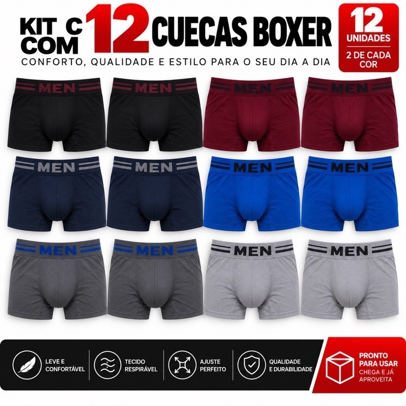 Kit 12 Cuecas Boxer Masculina Sem Costura Microfibra Confortável Respirável Elastano Premium