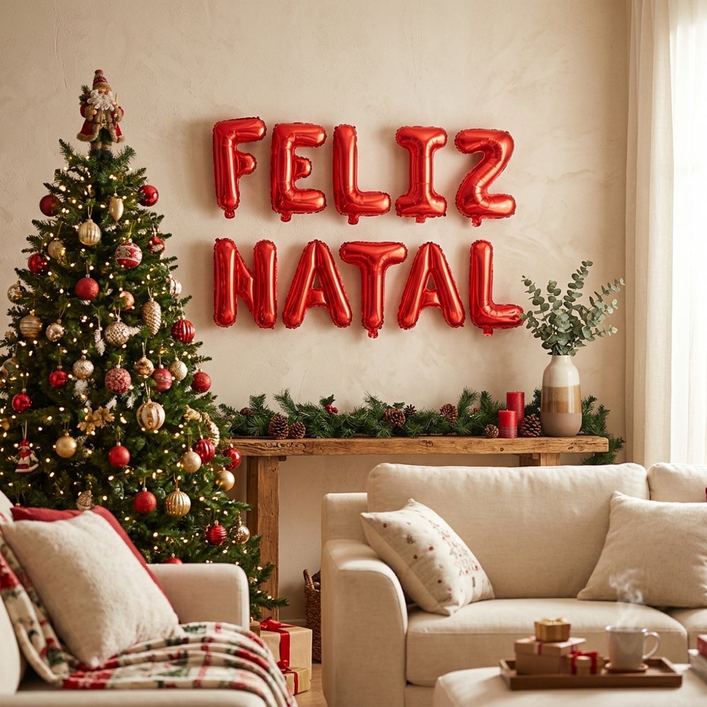 Kit Balões Metalizados Feliz Natal Vermelho 37cm Com Soprador E Fitilho Decoração Festa Ceia