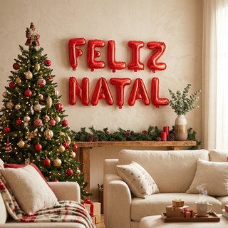 Kit Balões Metalizados Feliz Natal Vermelho 37cm Com Soprador E Fitilho Decoração Festa Ceia