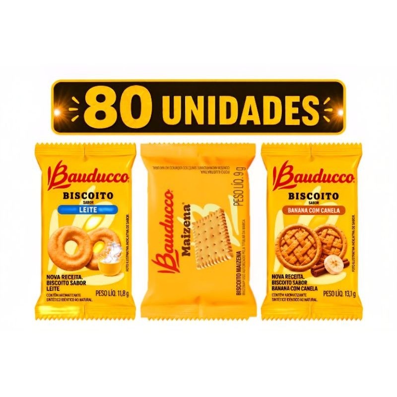 Kit 80 Biscoitos Bauducco Sachê Sortido/ Maizena, Banana, Leite