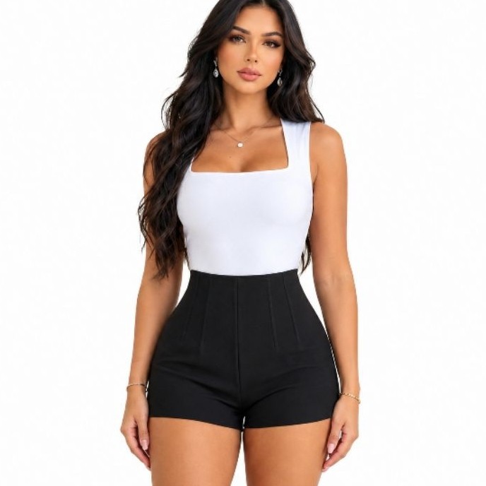 Kit Conjunto Feminino Short Alfaiataria Cintura Alta Premium  Body Decote Quadrado Blusa Regata Conforto Elegante Verão