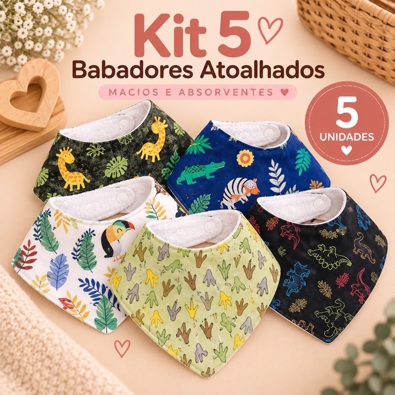 Kit 5 Babadores Bandana Atoalhados para Bebê com Ajuste – Macios e Absorventes