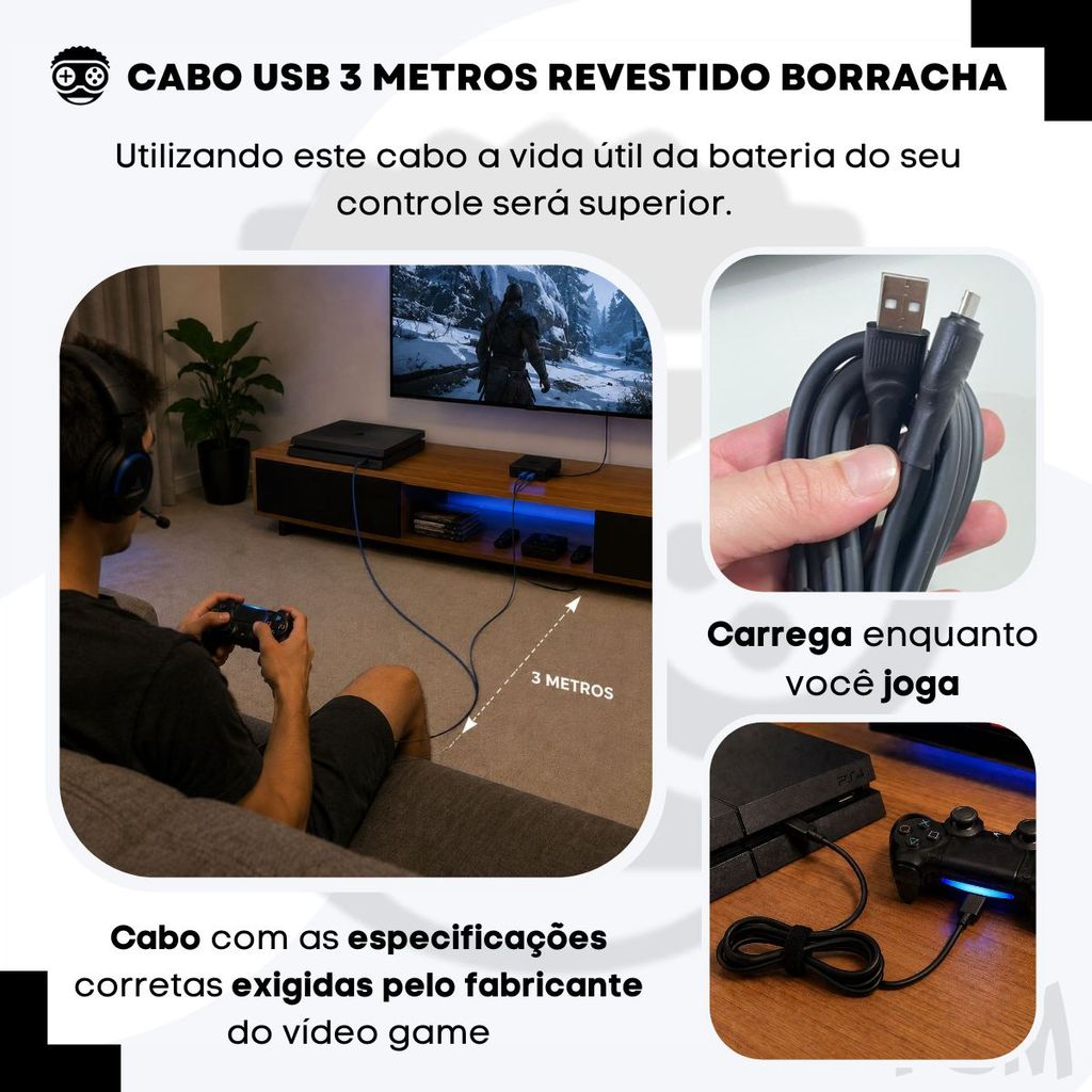 Detalhes do Cabo Carregador Controle PS4 3m USB Energia Bateria Manete Xbox One V8 Trançado Resistente Turbo Rápido Grande 3 Metros