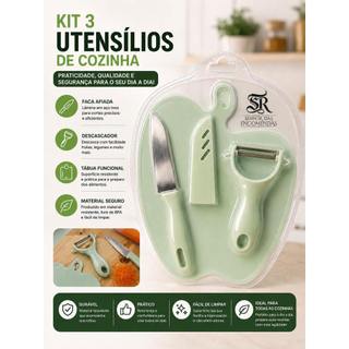 Kit Utensílios de Cozinha 3 Peças – Faca, Descascador e Tábua de Corte