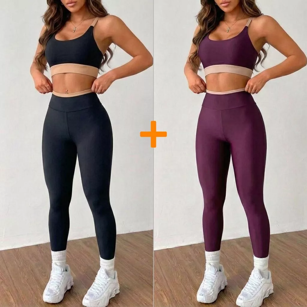 Kit 2 Conjunto Feminino Fitness Academia Calça e Top Cintura Alta Modelagem Premium Confortável Bicolor — imagem 1