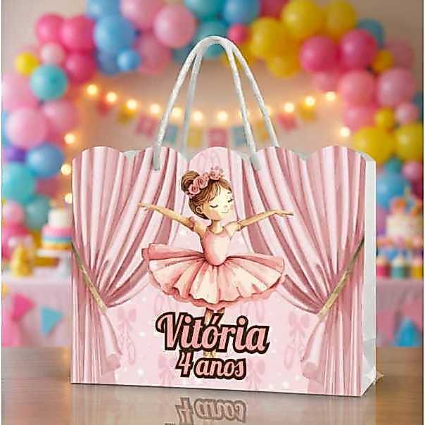 Bolsinha de Papel Ondulada Bailarina (20x15x5) Personalizada com Nome e Idade Lembrancinha para Festas Aniversario