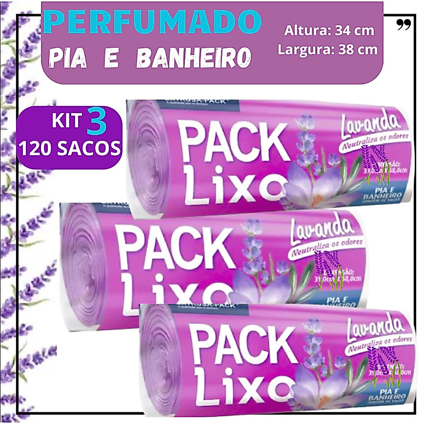 Kit 3 Rolos 120 Sacos Para Lixo Banheiro & Pia Neutraliza Odorizador Lavanda