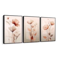 Quadro Decorativo Trio com Vidro Flores Neutras Sala Hall Quarto