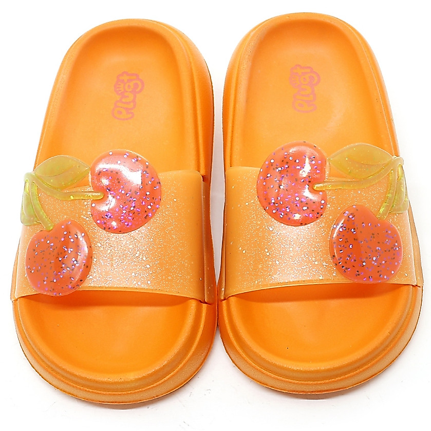 Chinelo Slide Infantil Plugt Menina Floquinho Cereja Glitter EVA Brilhante Laran