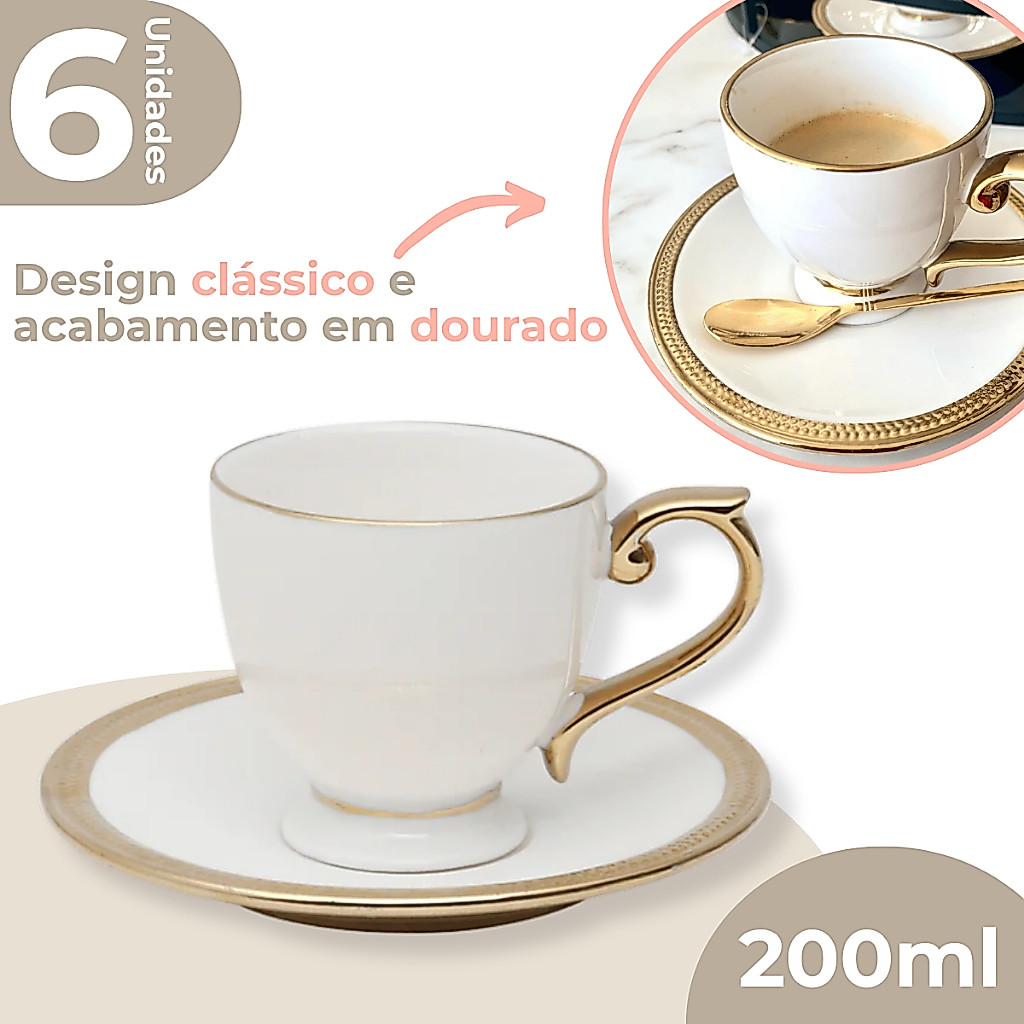 Jogo 6 Xícaras de Chá Café 200ml Porcelana Paddy Branca Borda Dourada Wolff