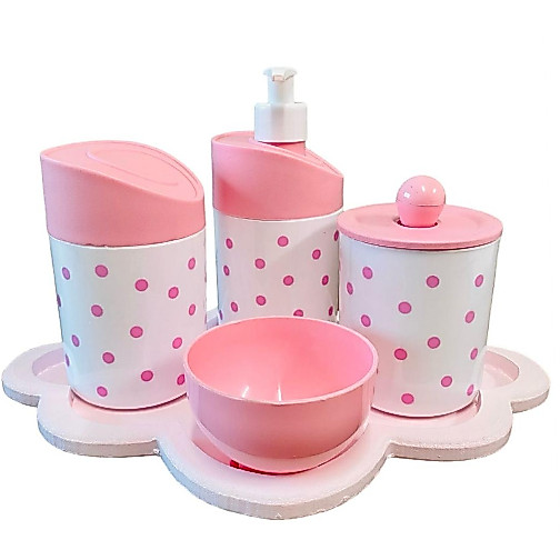 Kit Higiene Bebê Poa (com bolinhas) c/Bandeja em Nuvem: rosa ou azul