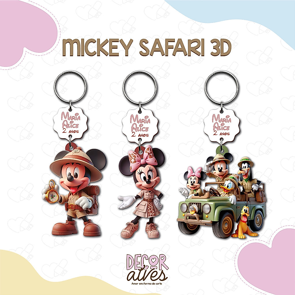 Mickey Safari 3D - Chaveiro Personalizado MDF brilhoso Lembrancinha infantil