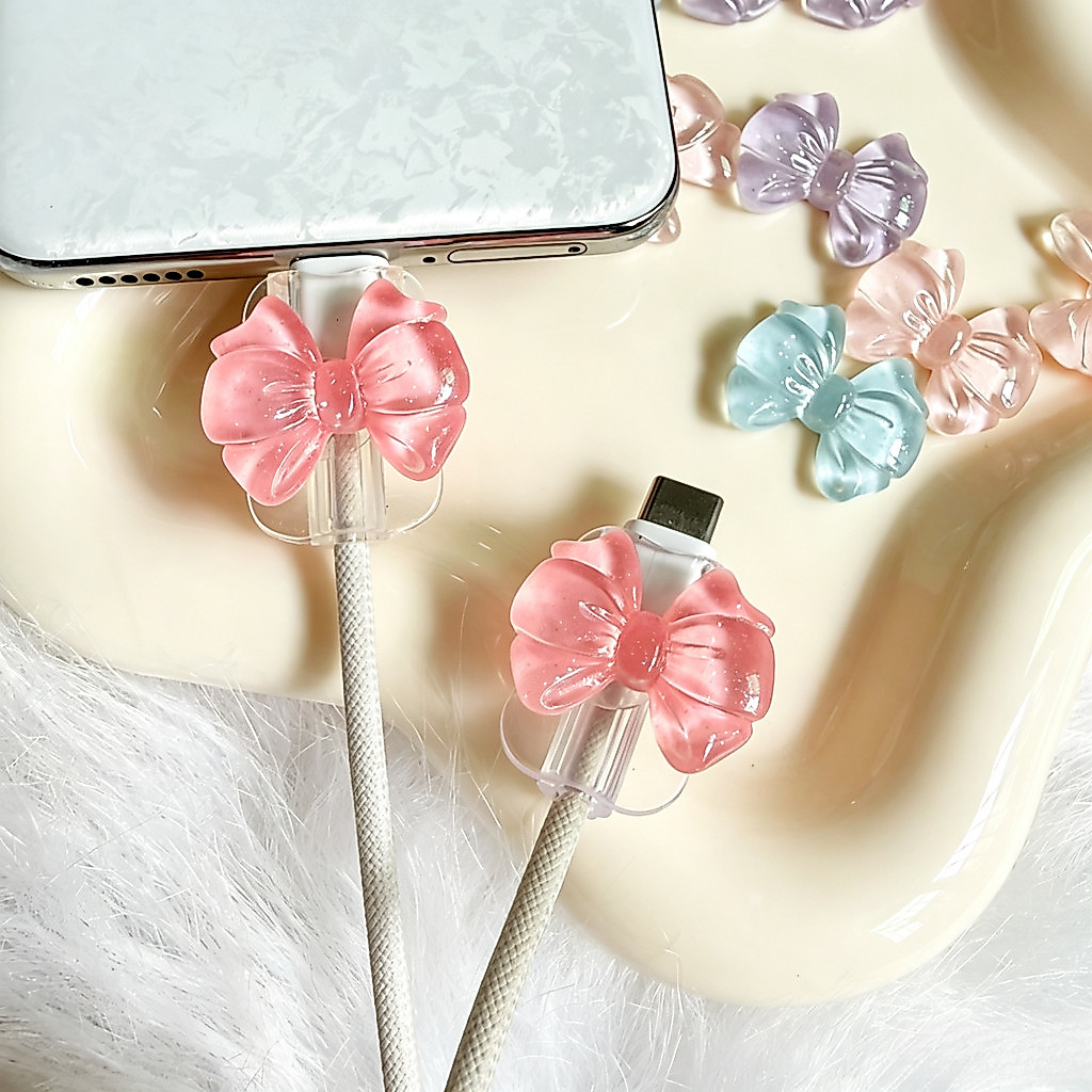 2 Pçs/set Bonito Rosa Arco Carregador Protetor Compatível Para iPhone Universal Tipo-c Cabo De Carregamento Rápido Cabeç