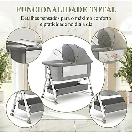 Berço Portátil Para Bebê com Função de Balanço Redes Mosquiteiras e Cesta de Armazenamento de Altura Ajustável
