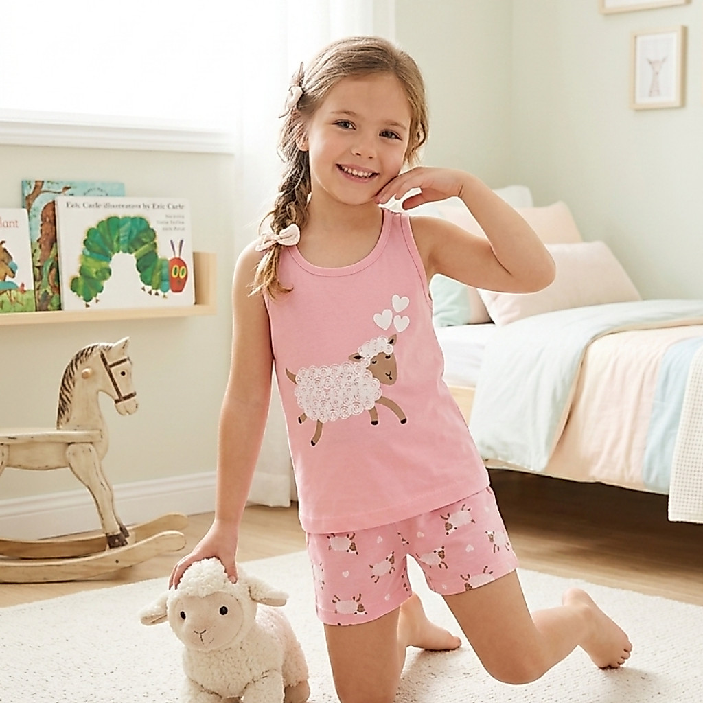 Pijama Infantil Menina Verão Conjunto Regata Nadador e Short Algodão Confortável Juvenil