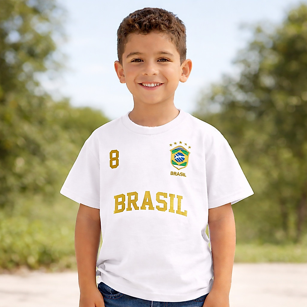 Blusa do Brasil para Criança Camisa Estampada 100% Algodão Camiseta Copa do Mundo