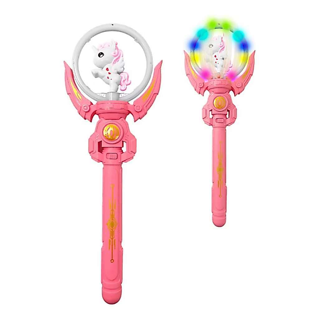 Varinha Mágica Giratória de Unicórnio com LED Brinquedo Infantil de Fantasia com Luzes Piscantes e Design Colorido