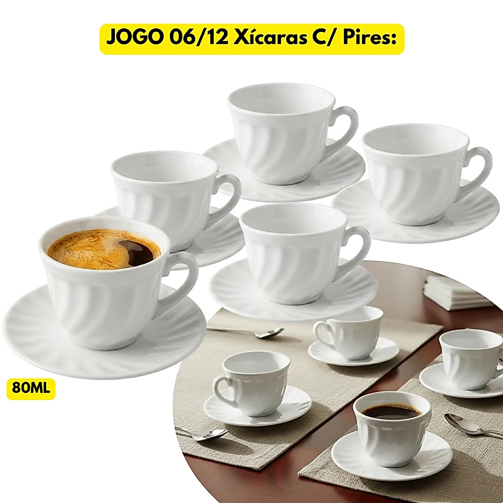 Jogo Kit 06/12 Xícaras Vidro Branca Opaline 80ML C/ Pires Café Chá Servir Escritório Padaria Chique