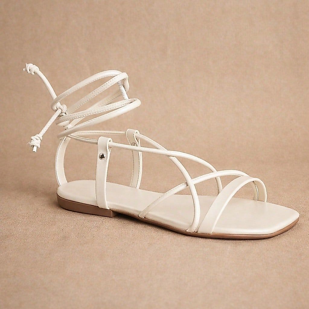 Sandália Rasteira Feminina Tiras Finas Gladiadora com Amarração Bico Quadrado Elegante Confortável Casual
