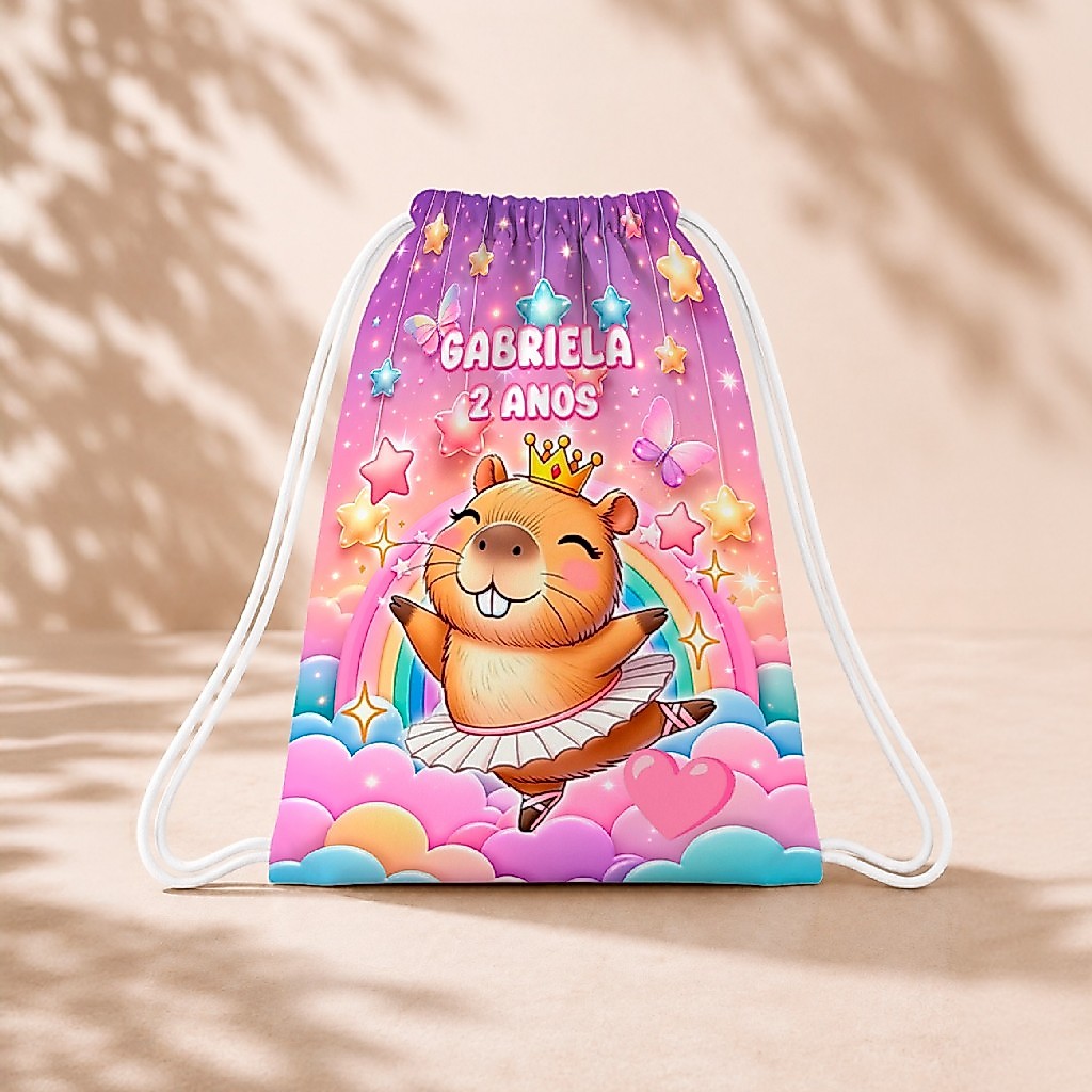 10 Mochila Personalizada Infantil 18x26 Sacolinhas Surpresa Festa Aniversário Lembrancinha Capivara Cute Bailarina