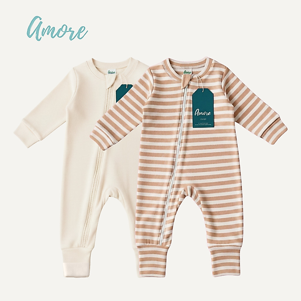 Kit 2 Macacão longo para Bebê Amore Listrado Marrom e Bege 100% Algodão