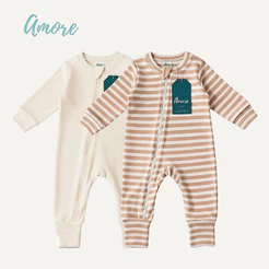 Kit 2 Macacão longo para Bebê Amore Listrado Marrom e Bege 100% Algodão