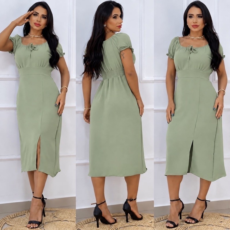 Vestido Midi Feminino Duna com Fenda Lateral e Lastex – Elegante e Confortável