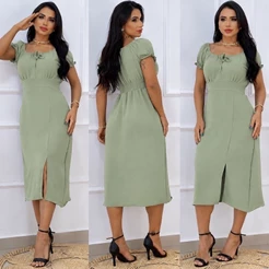 Vestido Midi Feminino Duna com Fenda Lateral e Lastex – Elegante e Confortável
