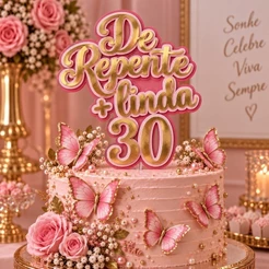 Topo de Bolo De Repente 30 De Repente + Linda 3D + 6 Borboletas 3D | Qualquer idade Feminino
