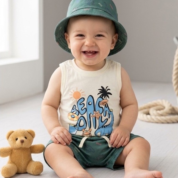 kit menino Kit Verão Bebê Regata Estampada, Bermuda e Chapéu Bucket