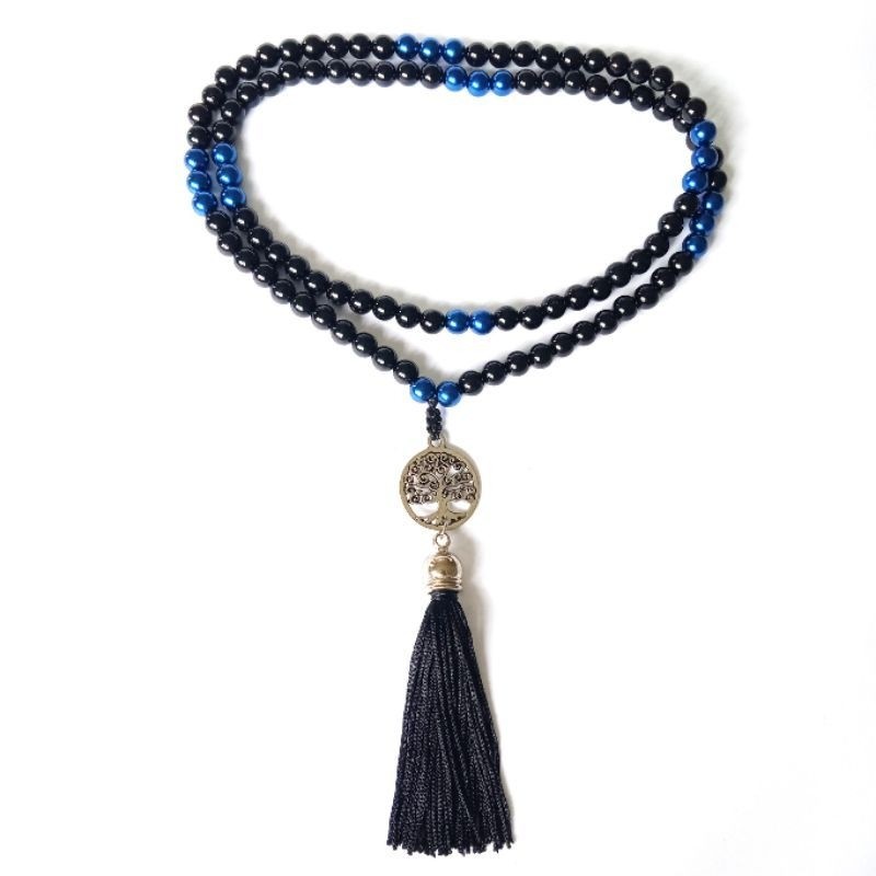 Imagem Japamala 108 Contas Pérola Negra e Azul Bic ( Plástico ) Pingente Árvore da Vida Rosário Budista Meditação Ref:841