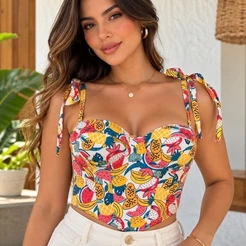 Cropped Corset Feminino Estampadas Borboletas ,Girassol ,Onça ,Bandana e Tropical com Bojo Alça de Amarrar Estruturado