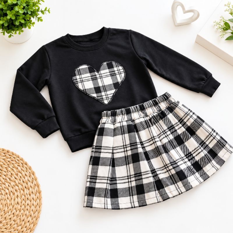 Conjunto Infantil Feminino Blusa Flanelada Quentinha Saia Xadrez