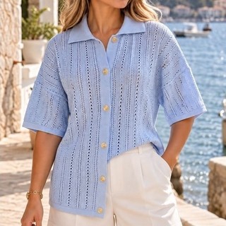 blusa de tricô feminina, blusa vazada, blusa gola polo, blusa manga curta, tricô feminino, blusa verão,blusa com botões.