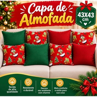 kit 4 Capas de Almofadas Natalina 43x43 com Decoração de Natal para Sofá e Cama, Vermelha, Verde e Estampadas