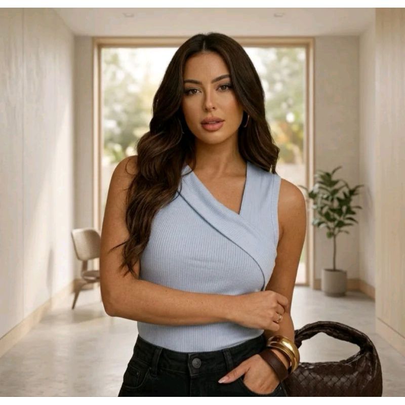 Blusa Regata Feminina Canelada Decote Cruzado Tendência Verão