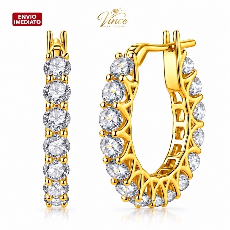 Brinco de Argola Feminino Banhado a Ouro 18K Cravejado com Zircônias Semijoia – Par