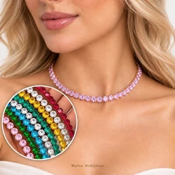 Colar Choker Riviera Rosa com Pedras Redondas Brilhantes Feminino Luxuoso