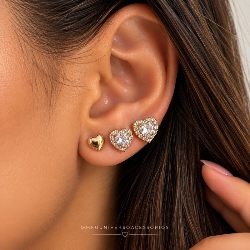 Brincos trio ponto de luz argola cravejado e argolinha feminino dourado prata